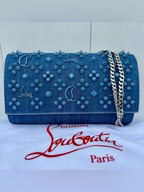 CHRISTIAN LOUBOUTIN PALOMA LOUBINTHESKY BLUE DENIM CROSSBODY WALLET ON CHAIN NEW